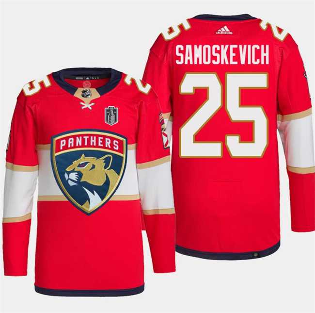 Mens Florida Panthers #25 Mackie Samoskevich Red 2024 Stanley Cup Final Patch Stitched Jersey Dzhi->->NHL Jersey
